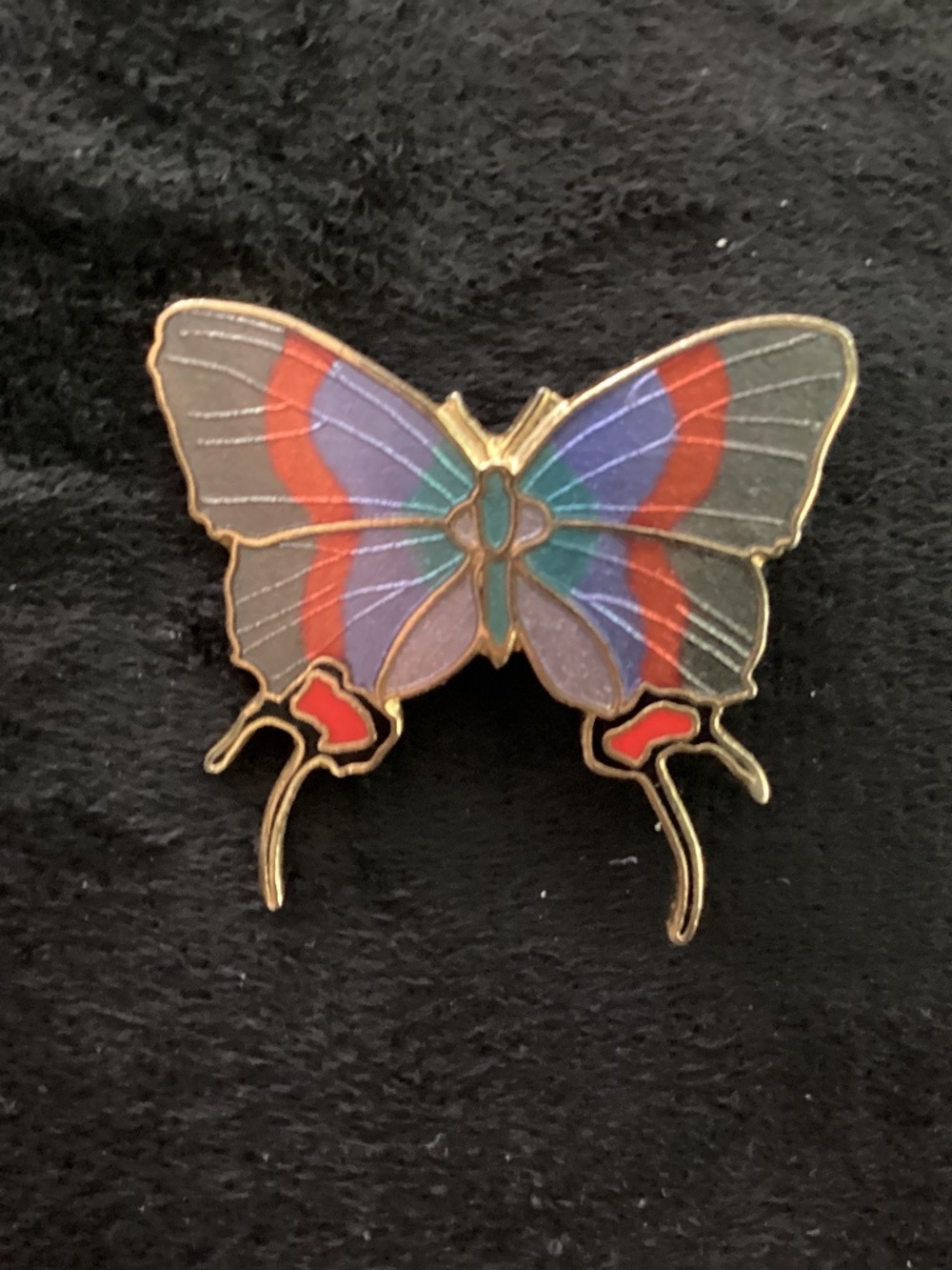 Cloisonne a butterfly brooch gray red blue green gold WM Spear company